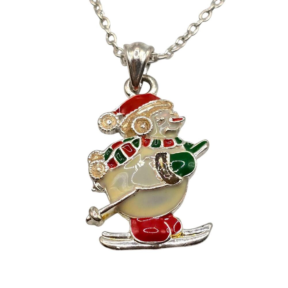 Necklace Pendant Snowman Skiing Christmas Holiday Silver Enamel Chain SKU 2648